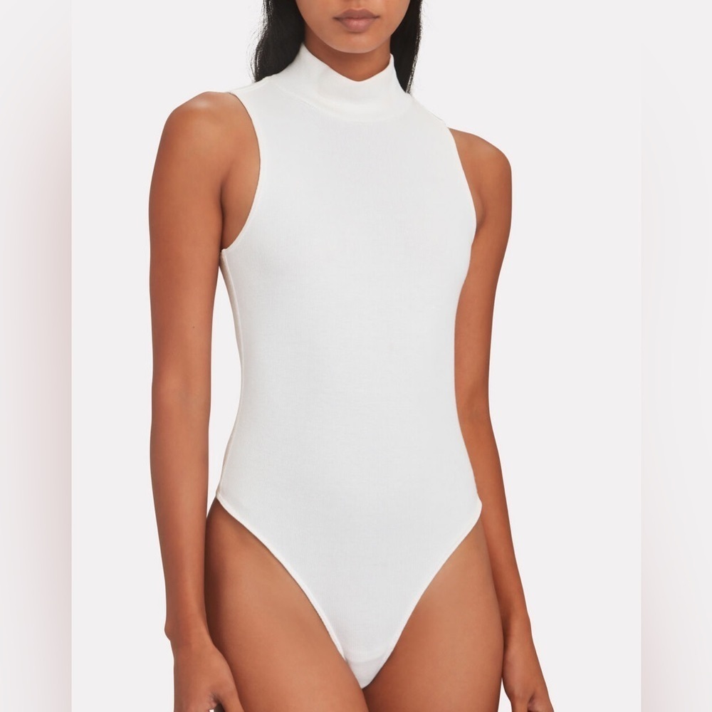 RE/DONE Hanes Ribbed Knit White 60'S Sleeveless Mock Neck Thong Bodysuit Size M